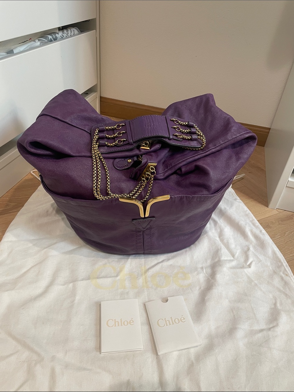 Chloe Purple Leather Shoulder Hobo Bag with Gold Hardware